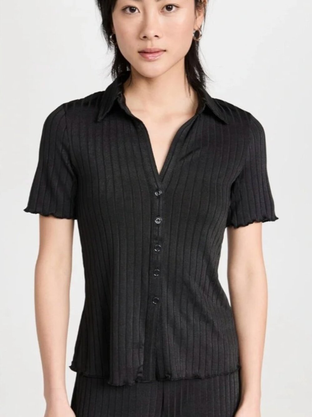 Club Monaco Black Ribbed Short-Sleeve Button-Down Shirt